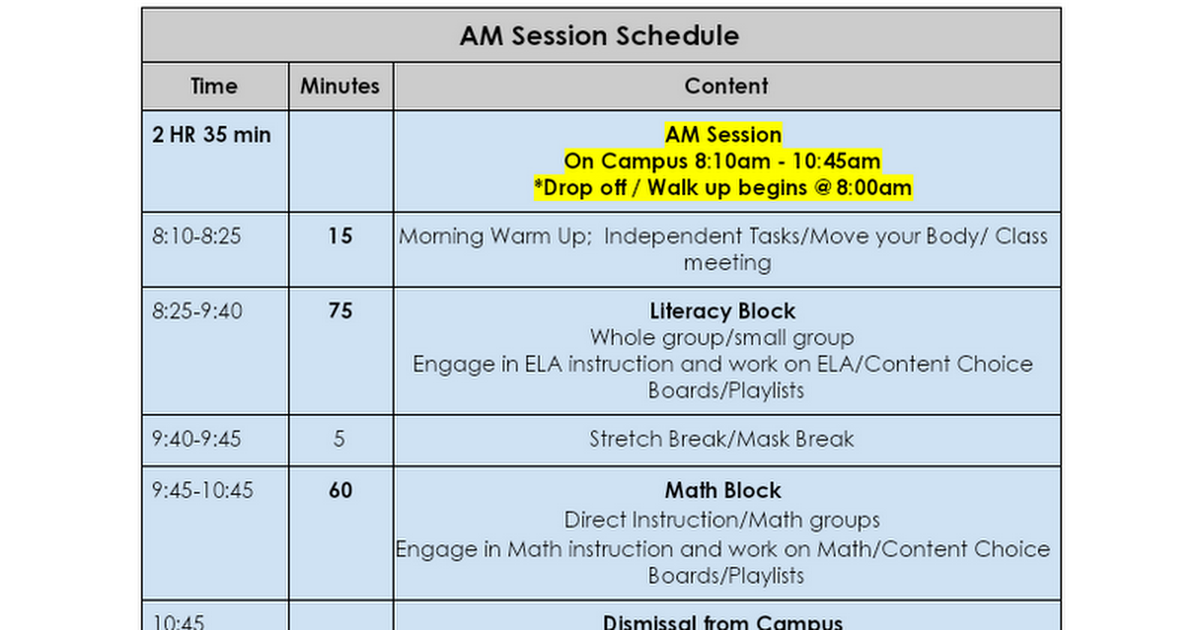 Copy of  Schedule - AM/PM Schedule