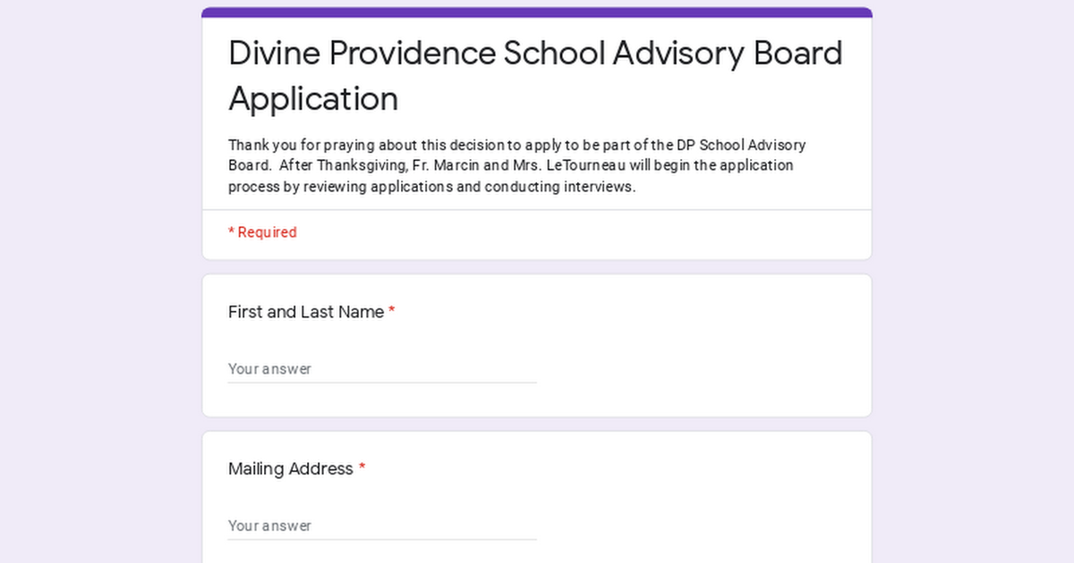 Divine Providence School Advisory Board Application