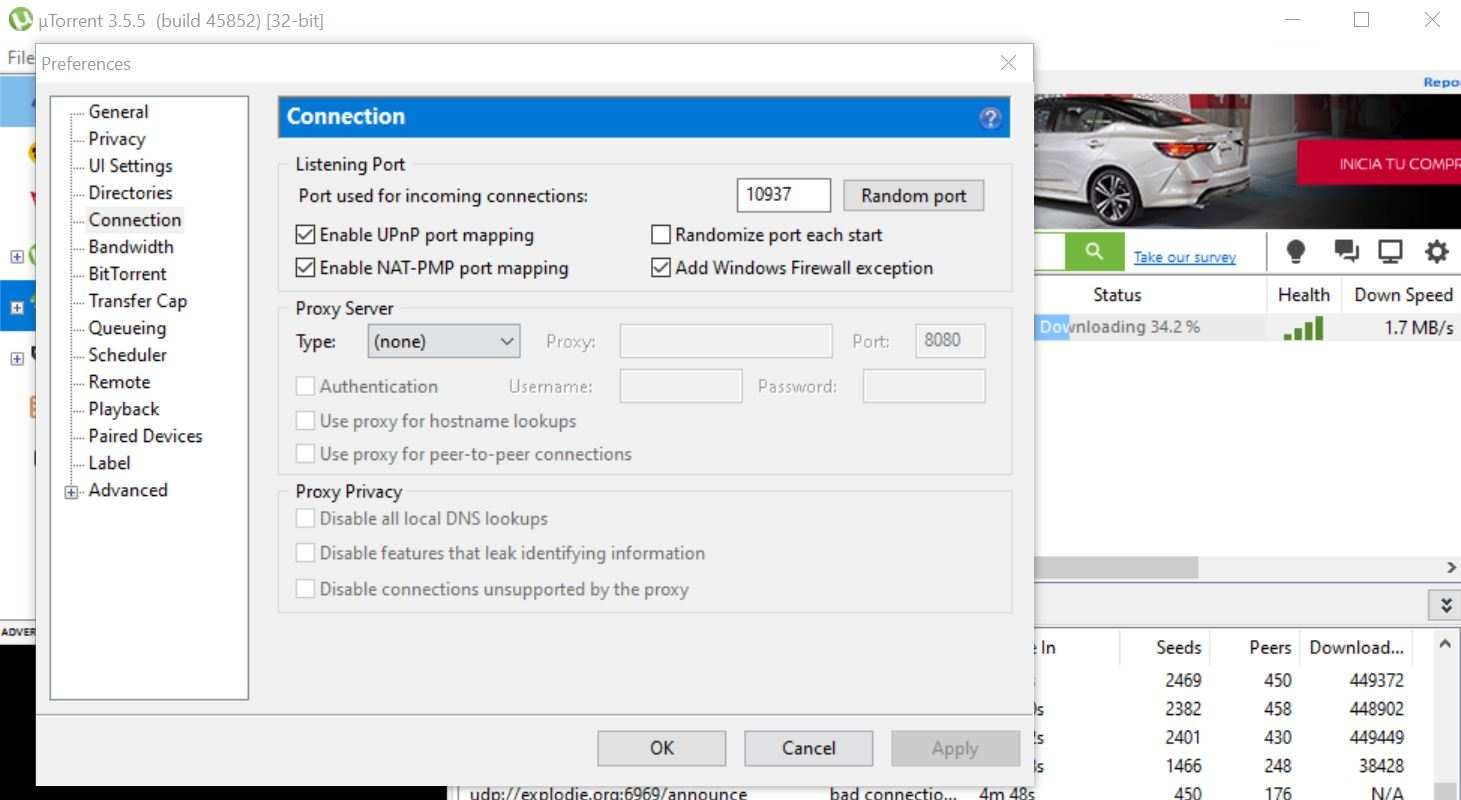 uTorrent port-forwarding settings screen