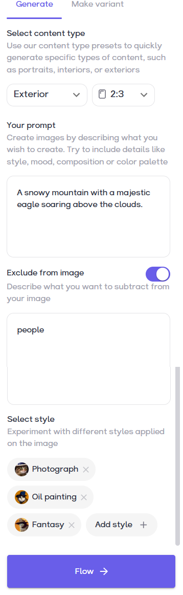 The Generate sidebar that allows you to create your image. This includes a prompt textbox, content type selector,  and exclusion textbox. The prompt reads 'a snowy mountain with a majestic eagle soaring above the clouds'.