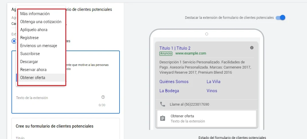 Llamados a la acción en formularios de clientes potenciales en Google Ads