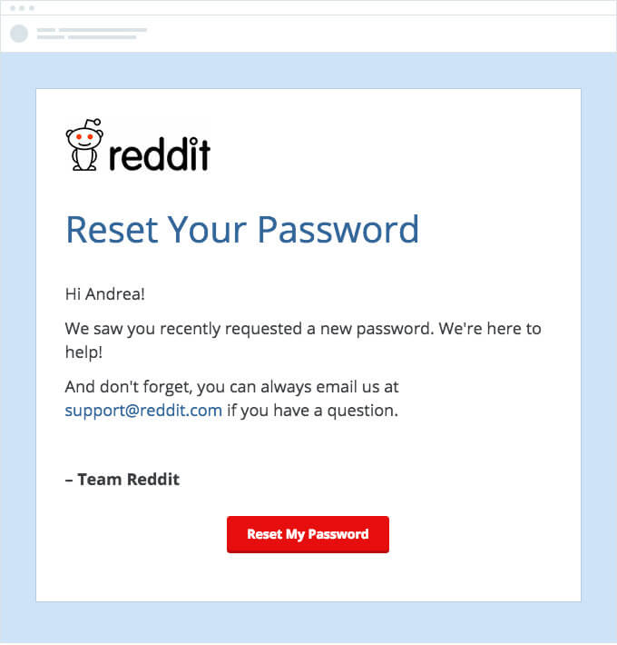 transactional email of reddit password reset