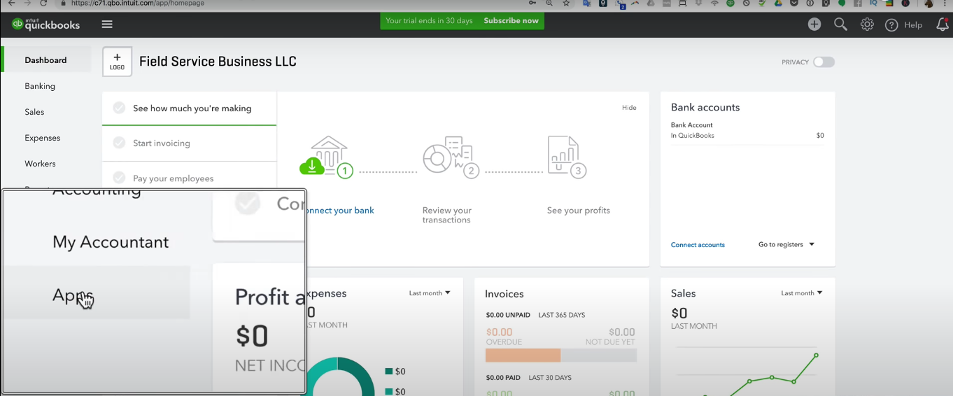 Click on apps after logging into the QuickBooks dashboard for QuickBooks integration 