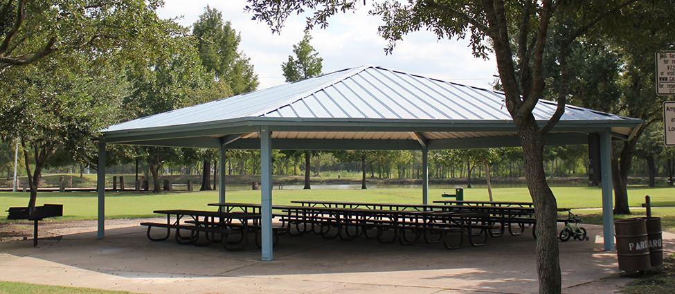 Covered park pavilion with picnic tables