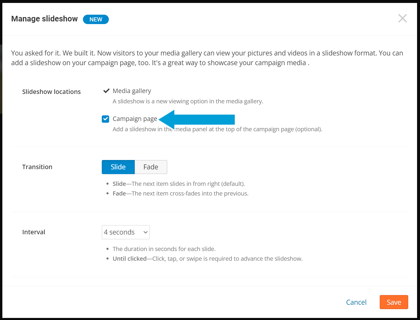 Screenshot of the Manage Slideshow menu, with arrow pointing to the 'Campaign page' checkbox (which is checked)