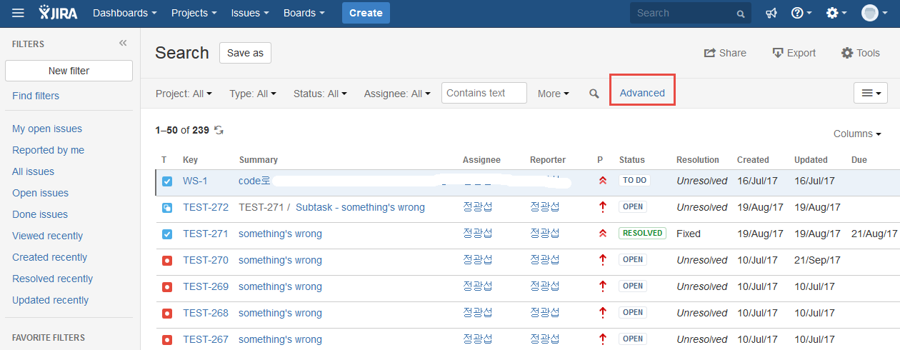 Advanced search in Jira