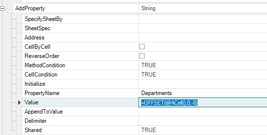  Next I added five methods to set Properties. These properties will correspond to the members in the row that was double-clicked. They will be shared with the adhoc view. Once again I'm using an Excel formula and the @ACell() Dodeca function. In this method, the Departments property is being set.