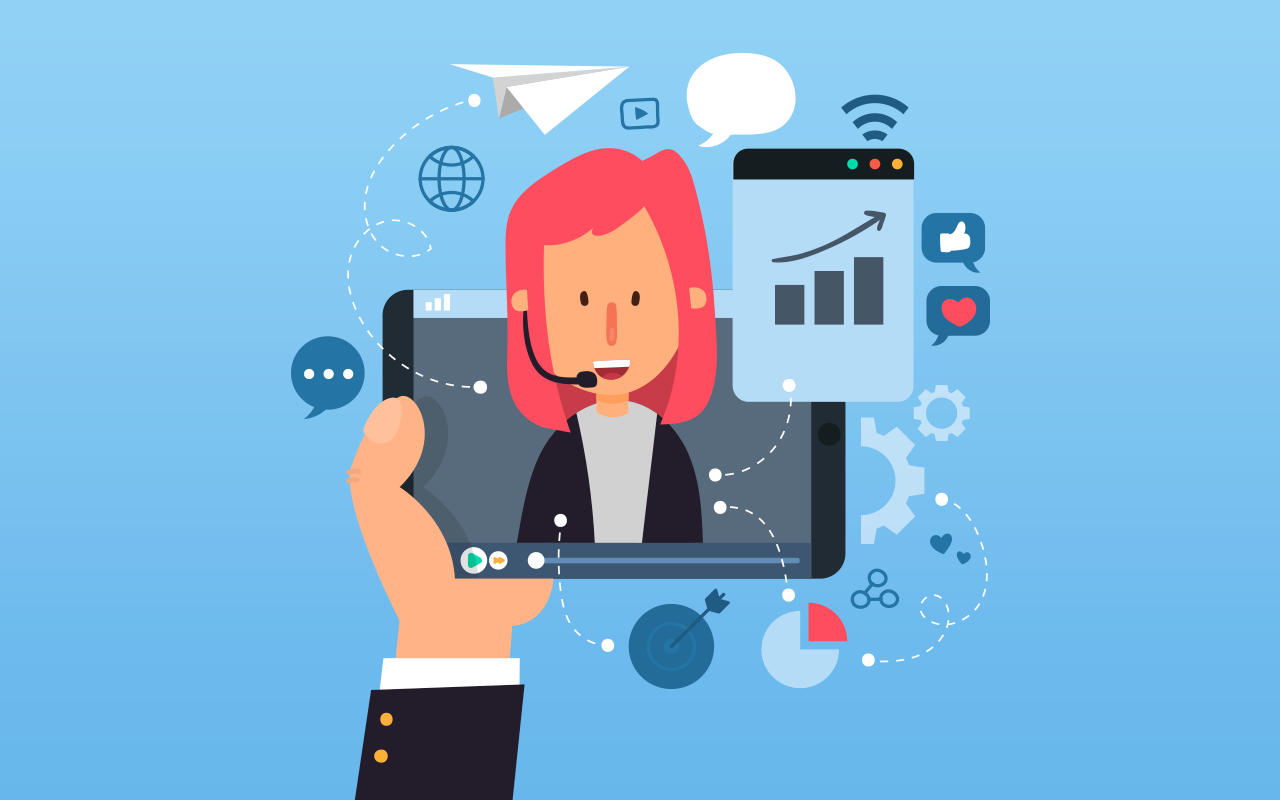 Webinar-Marketing: Illustration des Telefonbildschirms mit Bild einer Frau und schwebenden Symbolen