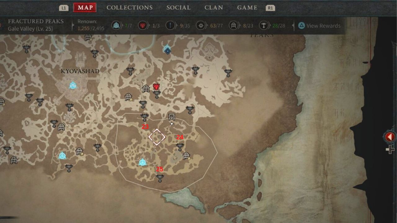 A map of the Gale Valley region of Diablo 4, showing three gray statues. Each has a number in red beside it, from twenty three to twenty five.