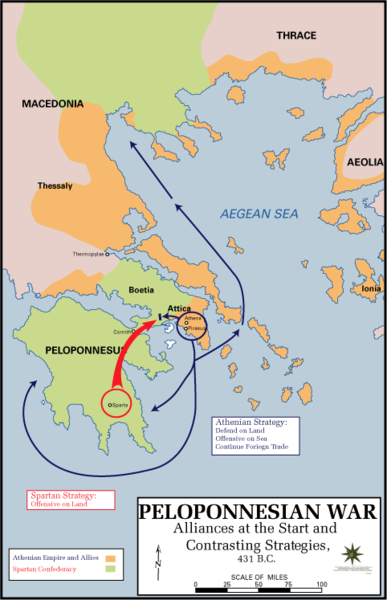 Mapa de Esparta y sus aliados y Atenas y sus aliados, estos últimos principalmente a lo largo de las costas y en las islas del mar Egeo.