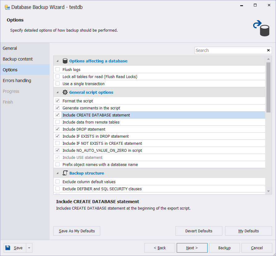 Step 4 of the dbForge Studio for MySQL Backup. Add additional options to the backup file.