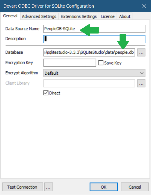 Configuring the Devart ODBC Driver for SQLite. Simply specify the name and the database file.