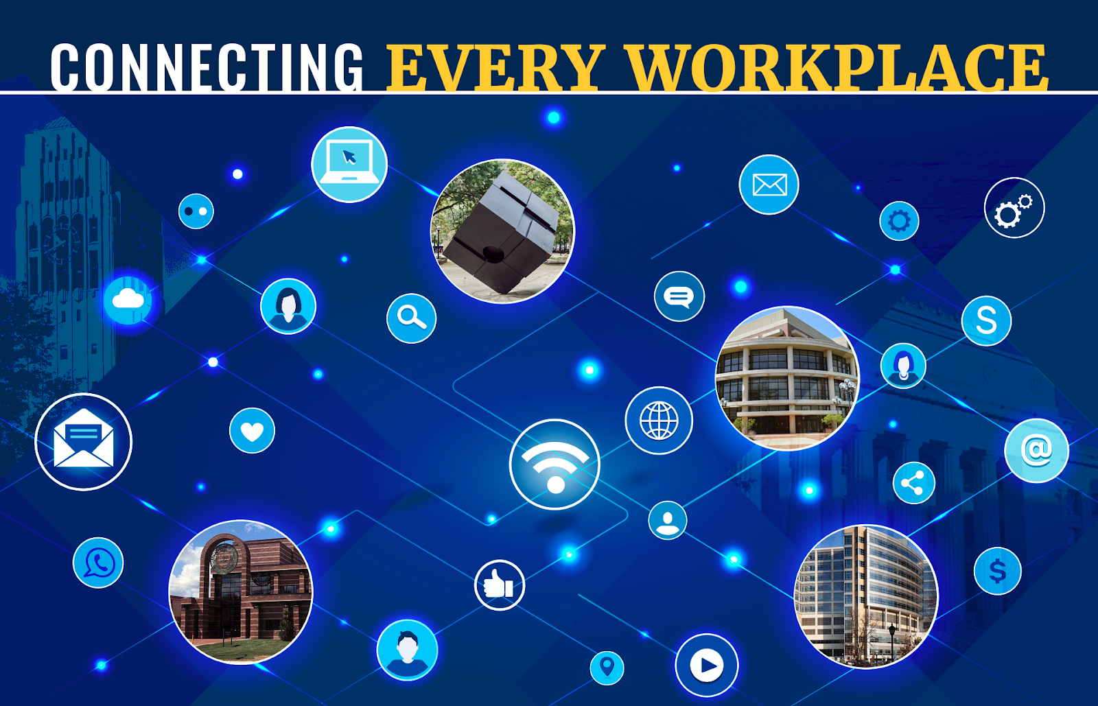 Blue Background with interconnected circles with photos of campus building and headline “Connecting every Workplace”