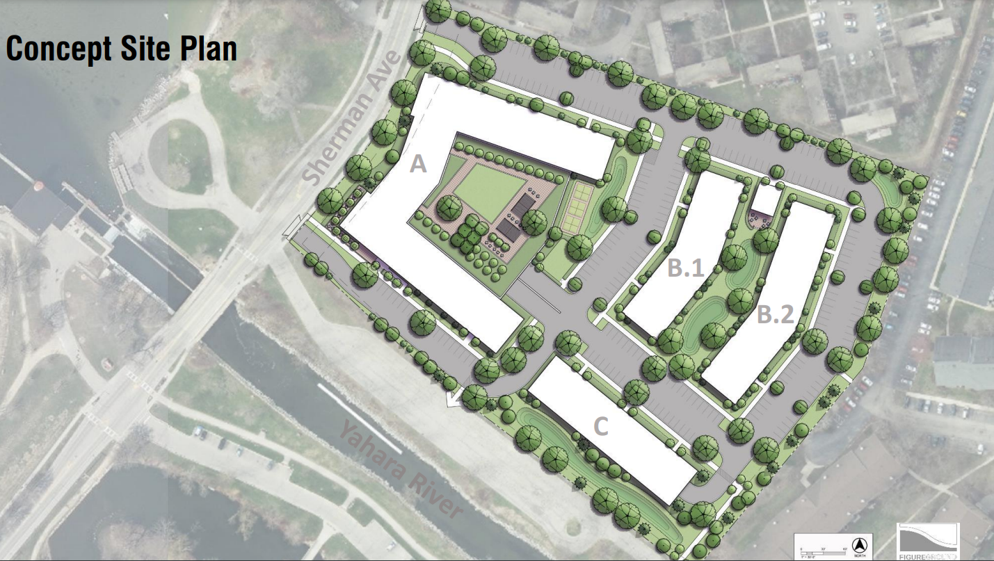 A rendering shows an overhead view of a proposed apartment development on Sherman Avenue.