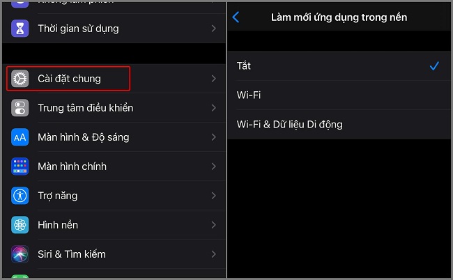 Vào Cài đặt -> chọn Chung -> chọn Làm mới ứng dụng nền và tắt nó với 1 số ứng dụng không quan trọng hoặc là Facebook