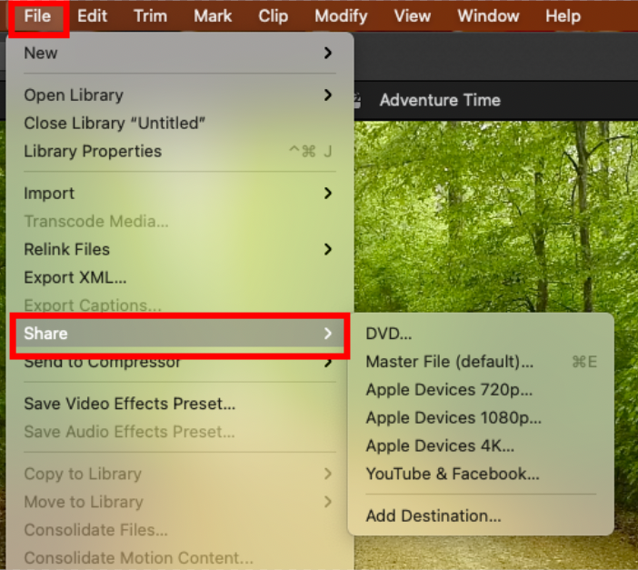 screenshot of FCP UI with share option selected