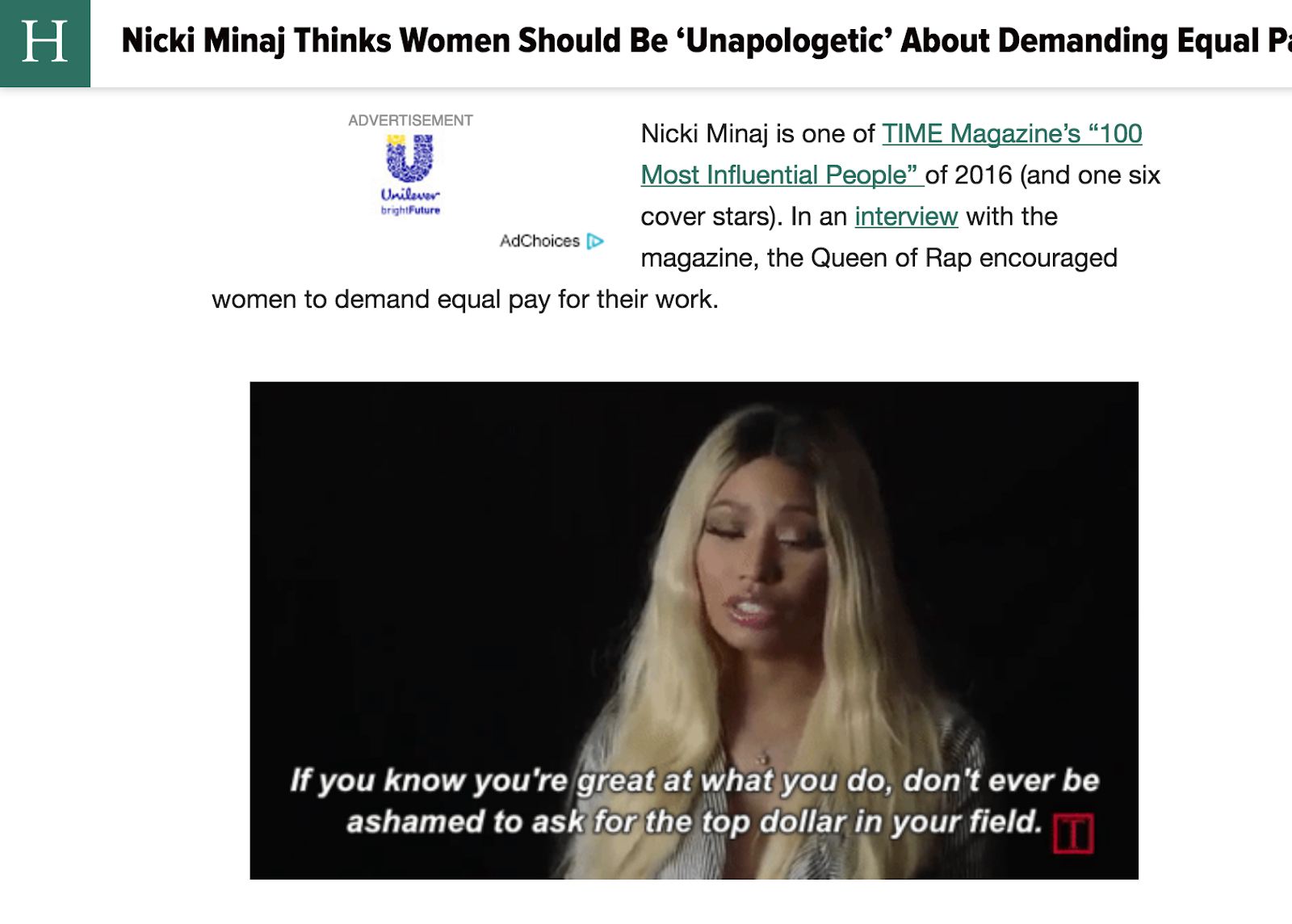 Webpage screenshot of Niki Minaj stating women should be 'unapologetic' about demanding equal pay