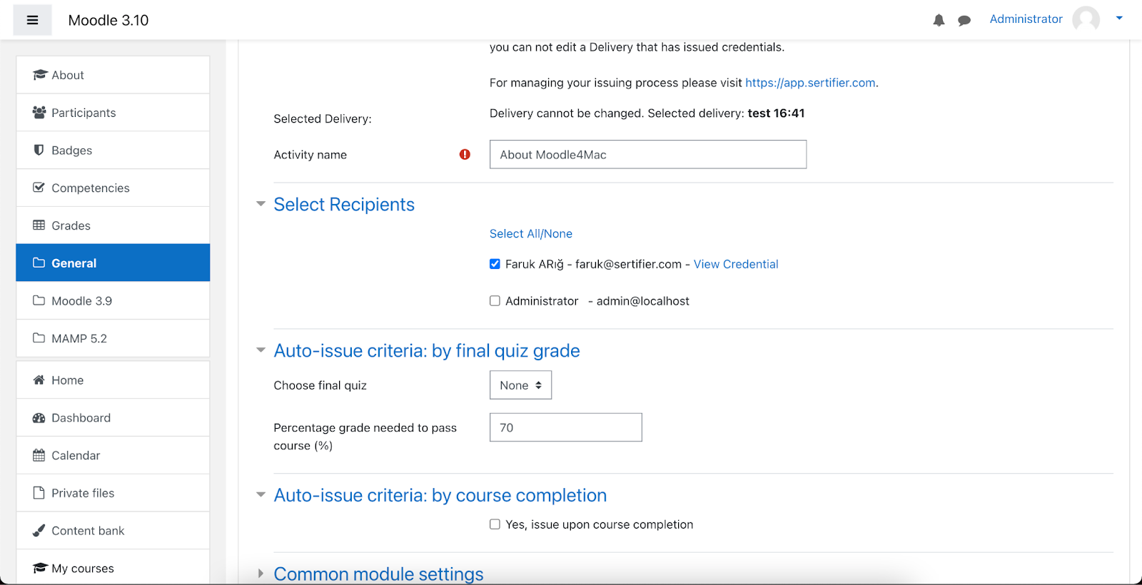 sertifier and moodle integration setup