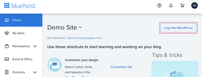 Faça login no WordPress a partir do Bluehost