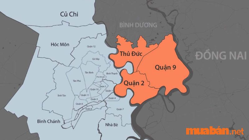 Thành phố Thủ Đức nằm ở phía Đông Thành phố Hồ Chí Minh