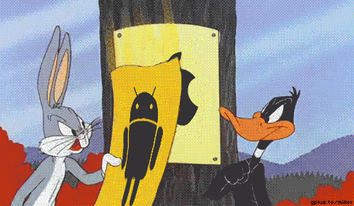 A GIF of Bugs Bunny and Daffy Duck arguing over Apple and Android