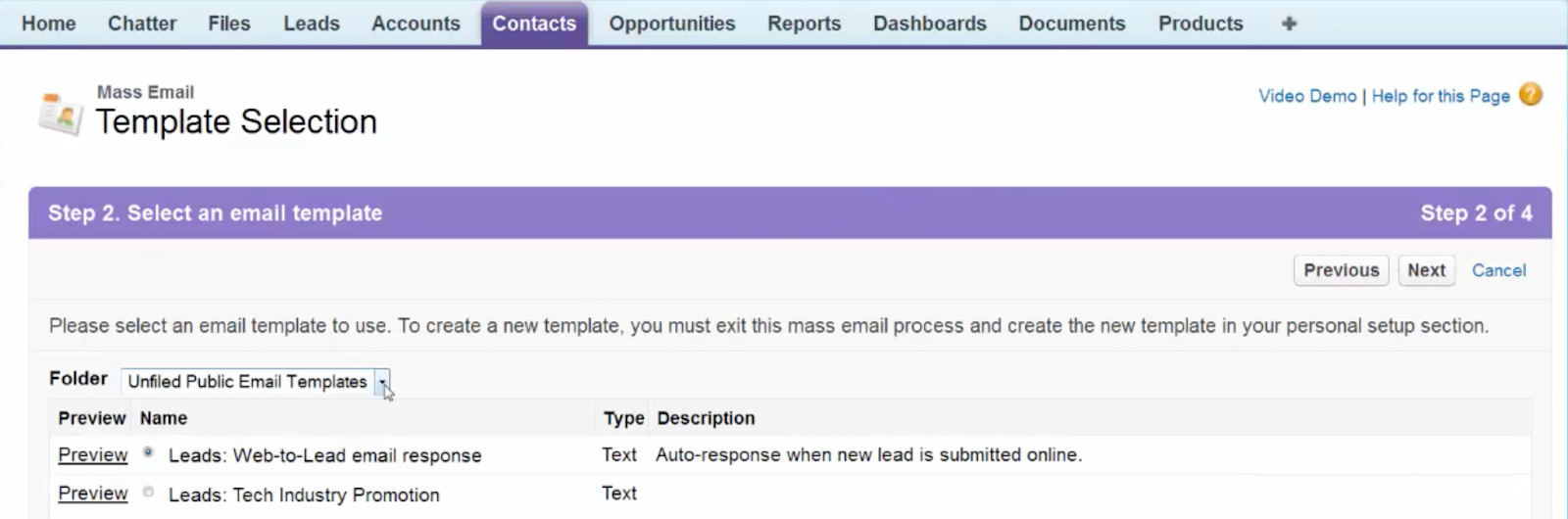 Salesforce template selection