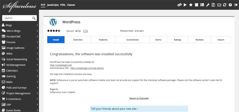 Softaculous-wordpress-instalação-concluída