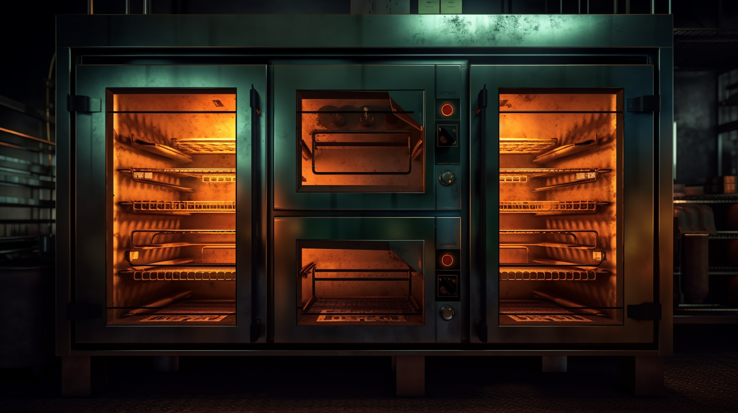 An image of an industrial oven with multiple shelves and digital temperature control panel.