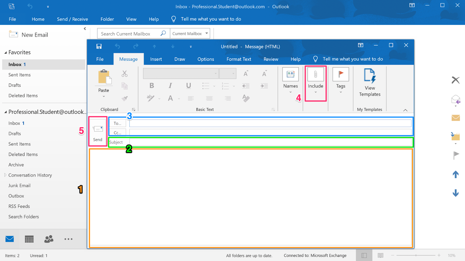 Screenshot of a new message open in a new window in Microsoft Outlook