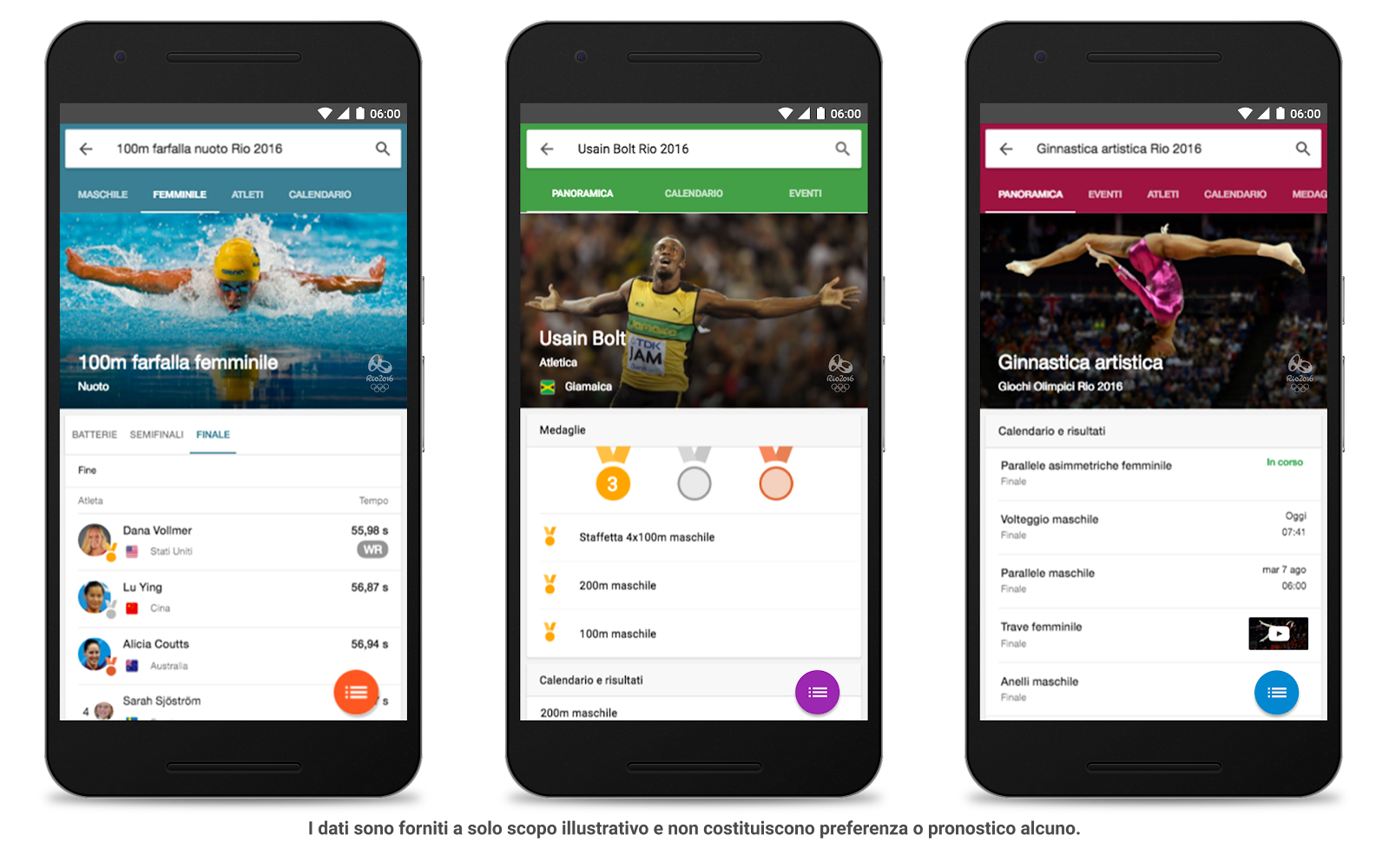 Tre smartphone allineati con esempi di ricerche fatte su Google per i risultati di Rio.