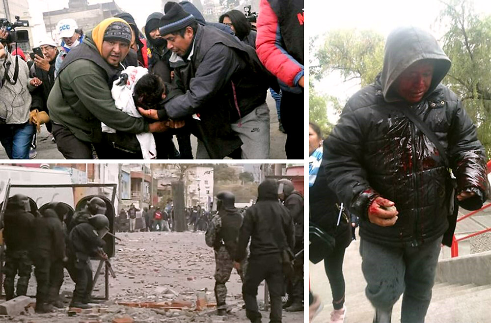 A montage showing police in riot gear, protesters carrying away wounded comrades, and one protester covered in blood but still walking