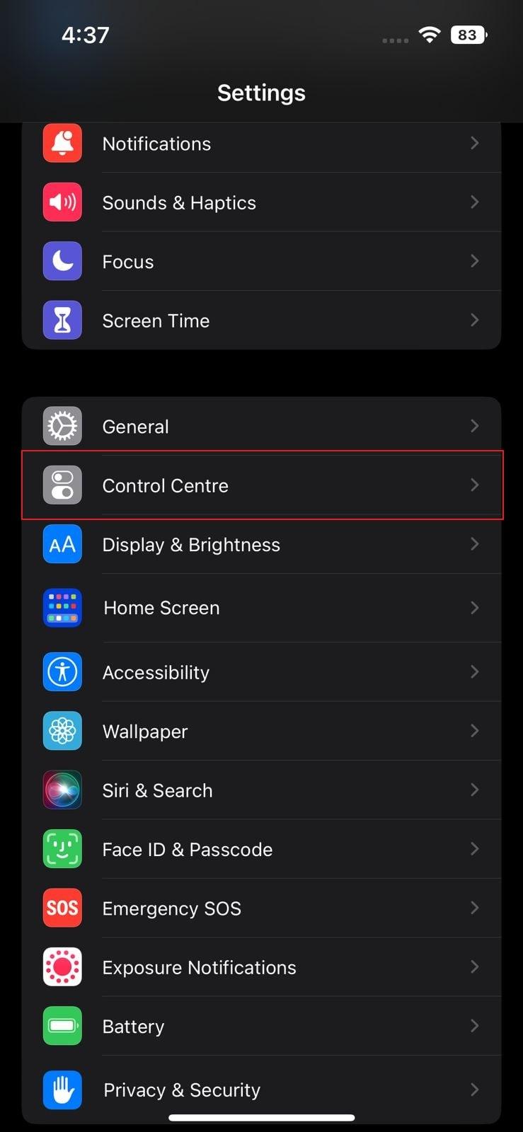 tap on control centre option