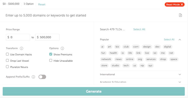 Namecheap: filtros de nome de domínio