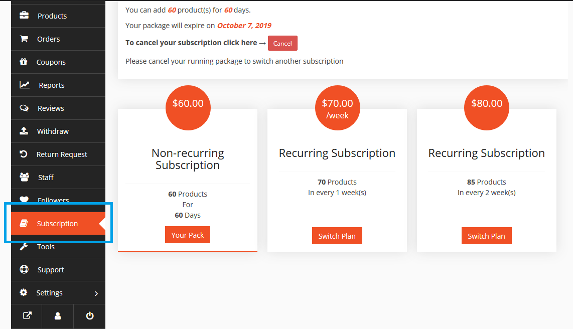 this is a screenshot of the Switching Plan for Dokan Multivendor Subscription