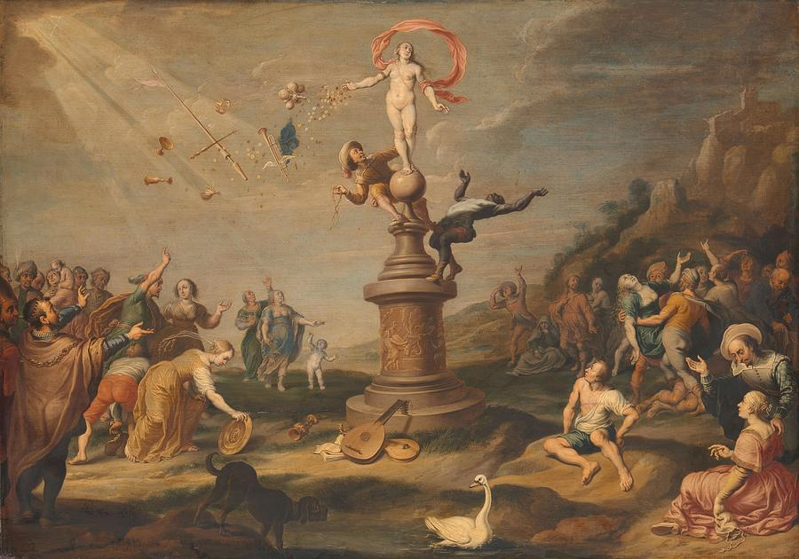By the Litz collection, the drawing "Fortuna Distributing Her Largesse, Attributed To Cornelis" showcases Fortuna dispensing her fortune amid a bustling square, with the masses gathered around her in amazement, some even reaching out to seize the money and luxurious items raining down from her outstretched hand.