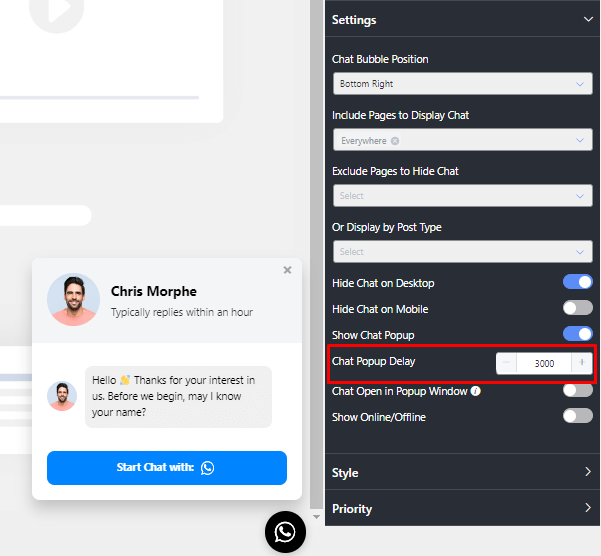 WhatsApp- Chat Popup Delay