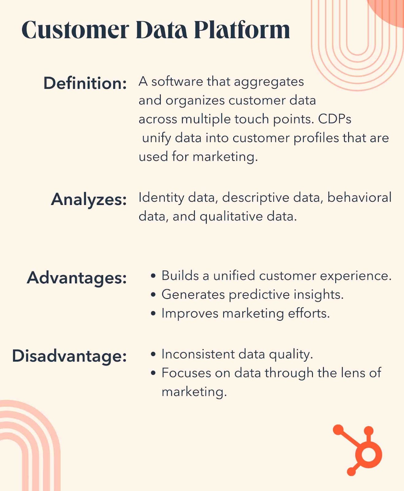 cdp vs mdm. Customer Data Management. Definition, a software that aggregates and organizes customer data. Analyzes, identity, descriptive, behavioral, and qualitative data. Advantages, business a unified customer experience. Disadvantages, inconsistent data quality.