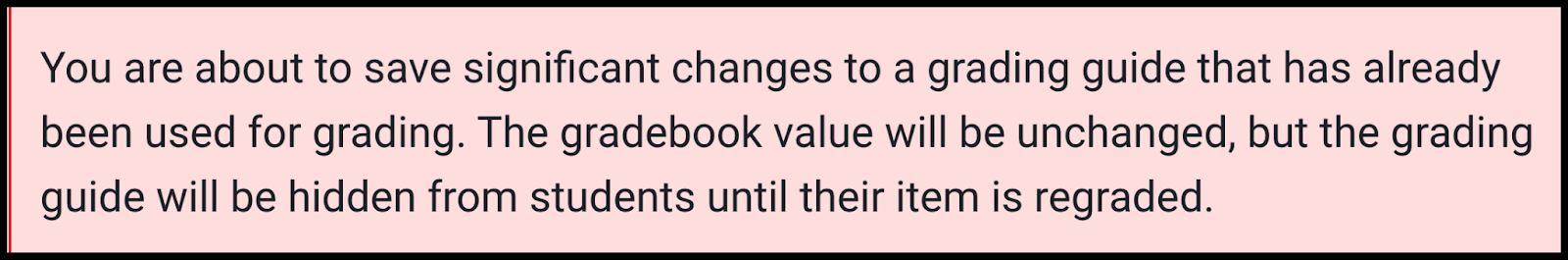 Warning that reads as follows: You are about to save significant changes to a grading guide that has already been used for grading. The gradebook value will be unchanged, but the grading guide will be hidden from students until their item is regraded.