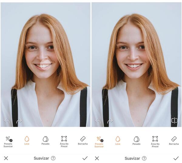 Foto de uma mulher loira sorrindo para a câmera sendo editada pelo AirBrush