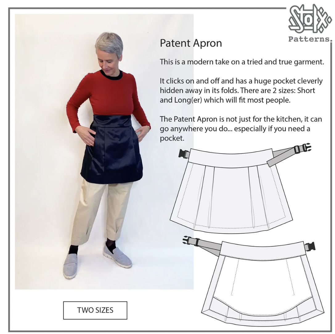 Technical drawings of a utility apron, and a photo of a slim person with short grey hair wearing a red long sleeved top, khaki pants, grey shoes, and a navy apron.