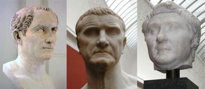Three busts depicting the members of the First Triumvirate.