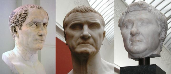 Three busts depicting the members of the First Triumvirate. All are in white marble.