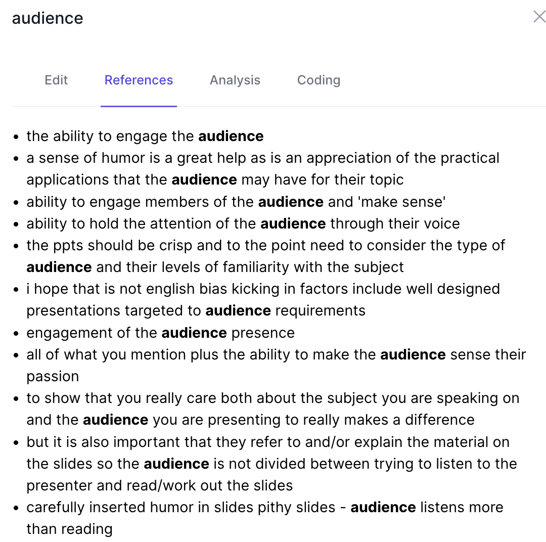 A screenshot of the References tab when examining the phrase "audience".