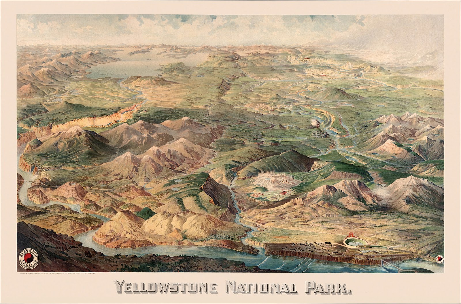 An aerial map of the Yellowstone national park. 