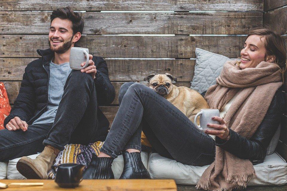 Man, Woman, Dog, Pet, Pug, Owners, Couple, Relationship