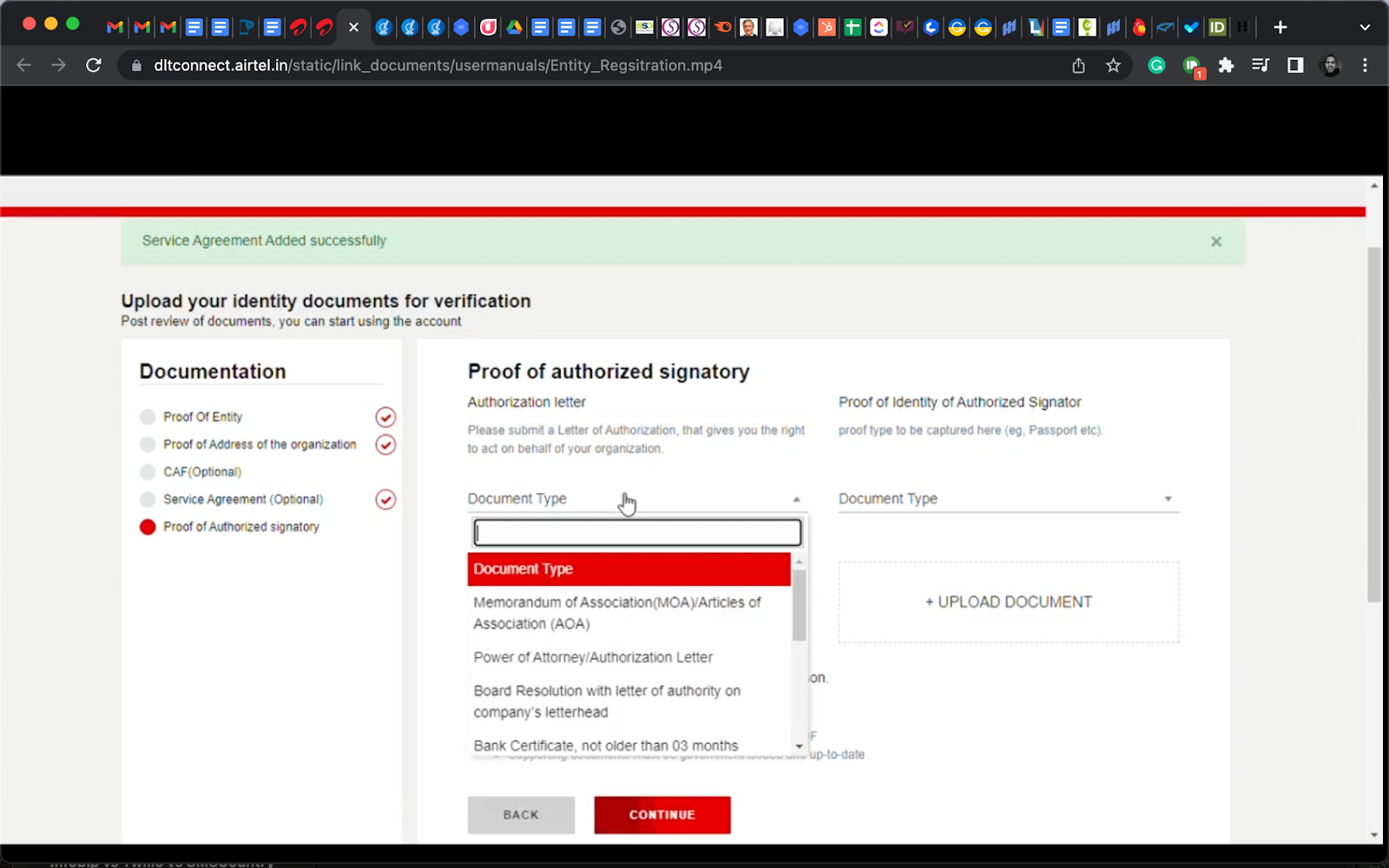 a picture of required documents being uploaded during an enterprise Airtel DLT registration | SMScountry