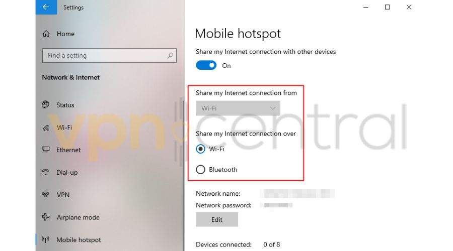 Share mobile hotspot on Windows