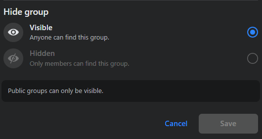 Set Facebook group hidden or visiblt