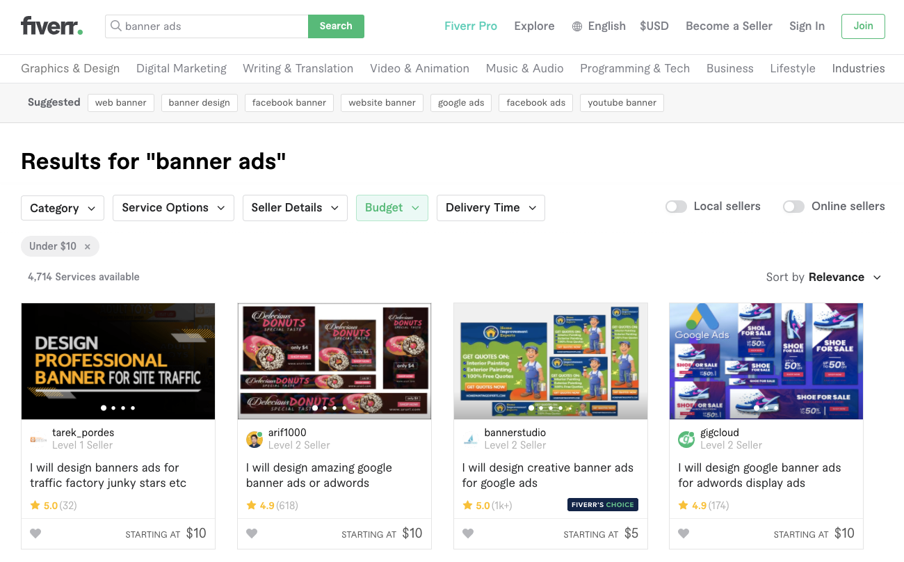 Search results after searching "banner ads" on Fiverr.com. Example only.