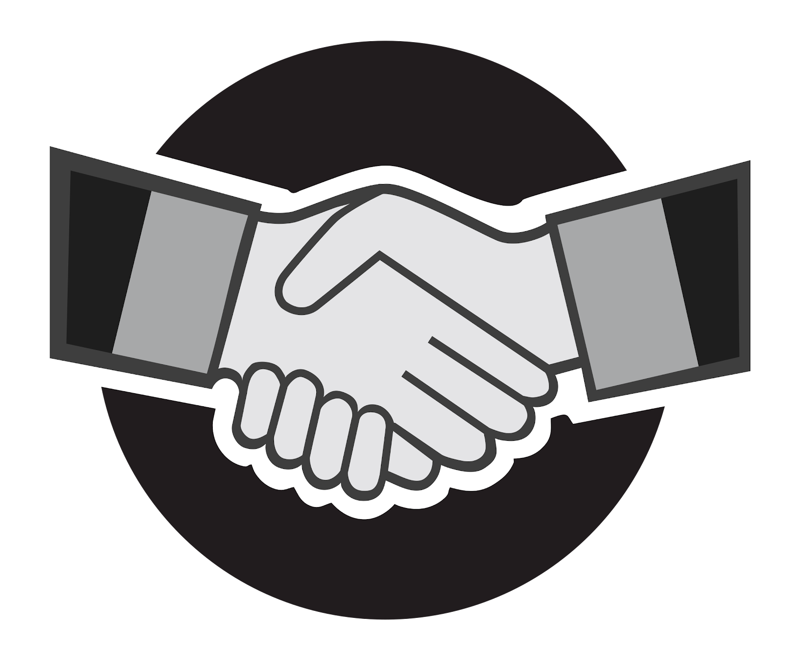 Black and white hand shake hovering over black circle. Understanding AI technology